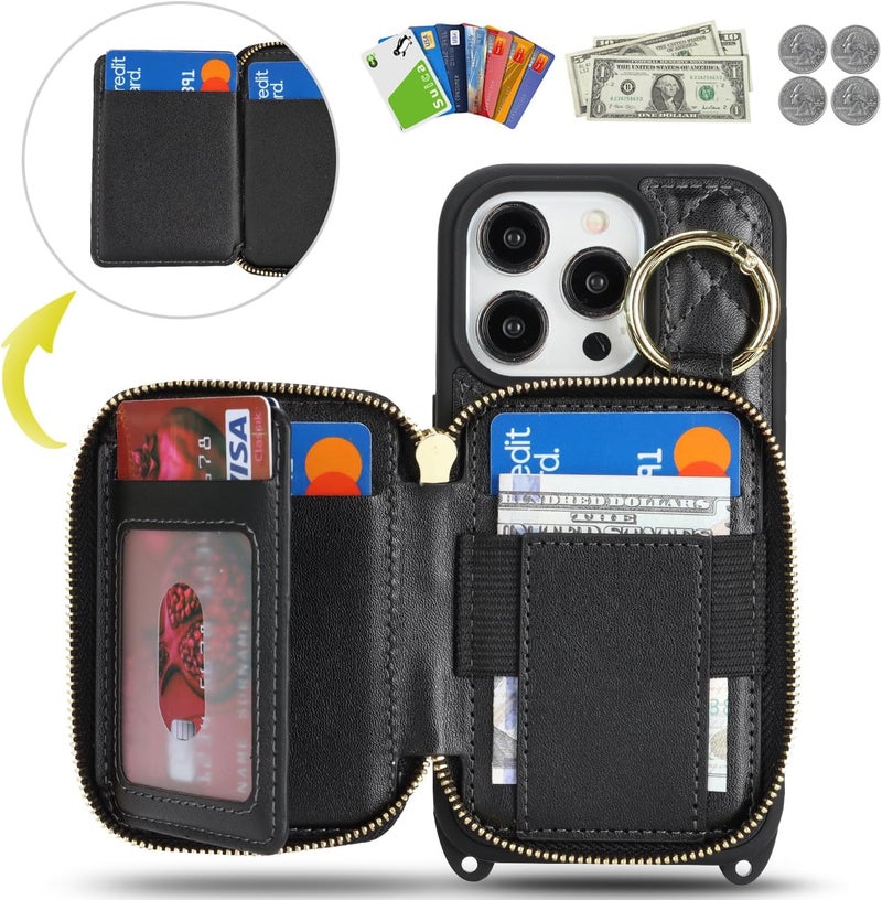 Hamany Crossbody Wallet Case for iPhone 14 Pro, PU Leather Zipper Handbag Purse Flip Cover, Kickstand Folio Case with Card Slots Holder Wrist Strap Lanyard 5G 6.1 Inch-Black - Image 2